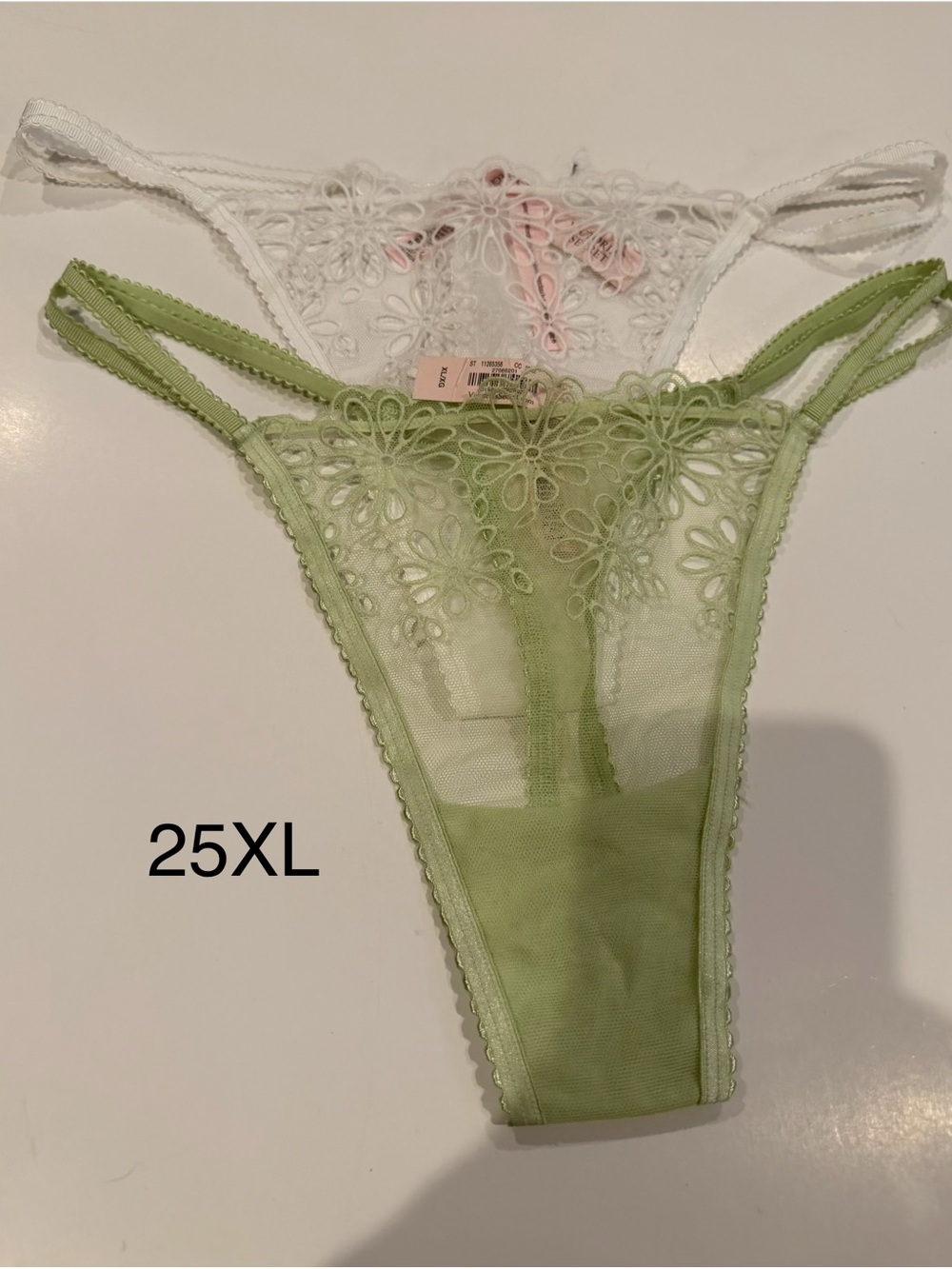 Sheer Floral Lace Thong - Green 2 pack